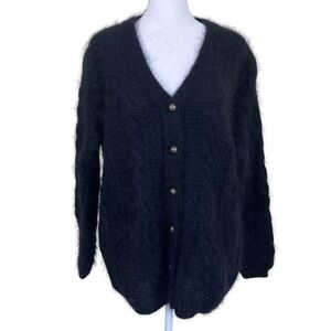 BENETTON Vintage 80s Black Mohair Wool Blend Oversized Cardigan Fisherman Sz S